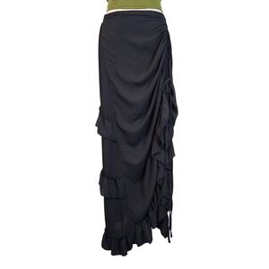 Cosmic Aura Ruffle Maxi Skirt Women's Black Drawstring Adjustable‎ Long